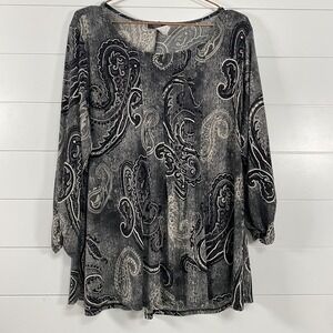 Cocomo Woman Shirt Womens 2XL Black Gray Paisley Tunic Long Sleeve Scoop Neck